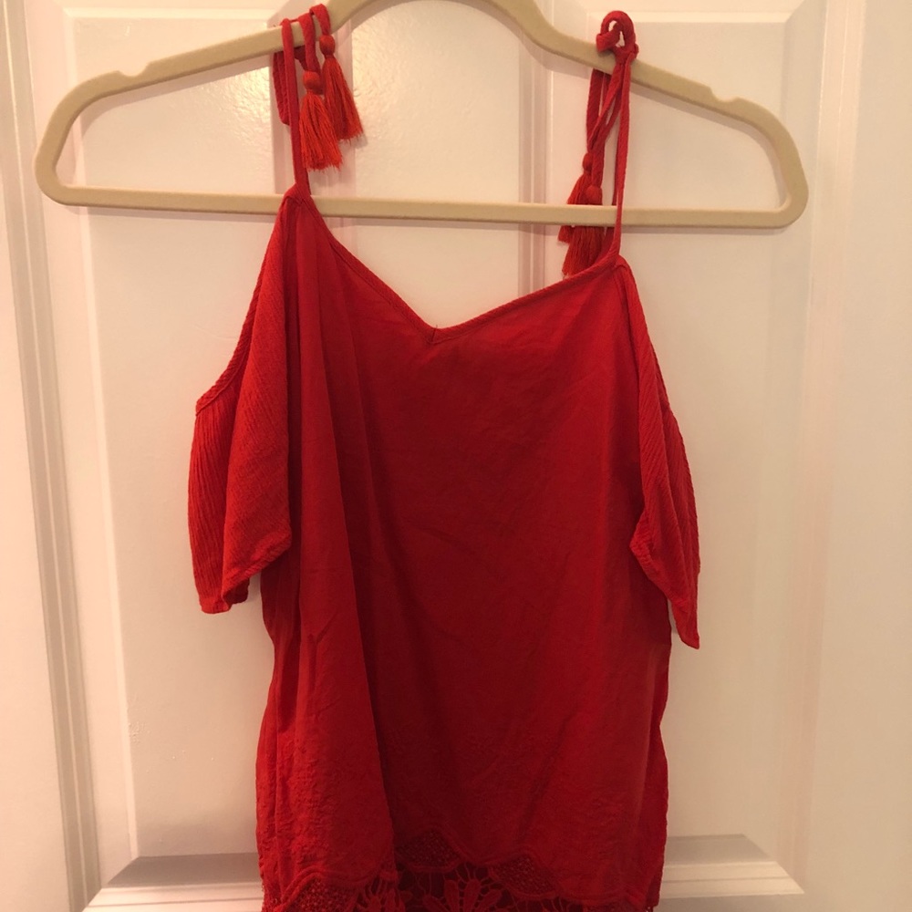 Cotton, off the should red top with lace detail.